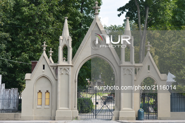 A view of one of many entrance gates of the historic Lyczakowski Cemetery, officially State History and Culture Museum-Preserve 'Lychakiv Ce...