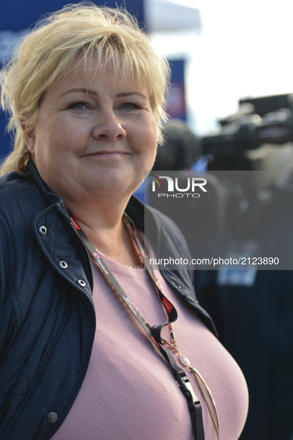 The Prime Minister of Norway, Erna Solberg, in Tromso during the final stage of the Arctic Race of Norway 2017. 
On Sunday, August 13, 2017,...