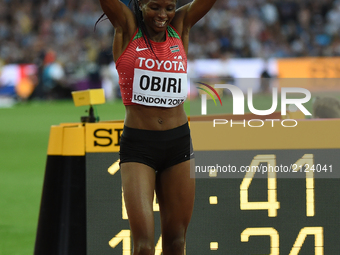 Hellen Onsando Obiri of Kenya, winning the 5000 meter  final in London at the 2017 IAAF World Championships athletics. (