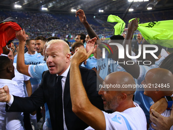 SS Lazio Manager Igli Tare  celebrates the victory of the Italian Supercup match between Juventus and SS Lazio at Stadio Olimpico on August...