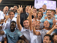 Lazio team celebrating after the victory after winning the Italian SuperCup TIM football match Juventus vs Lazio on August 13, 2017 at the O...
