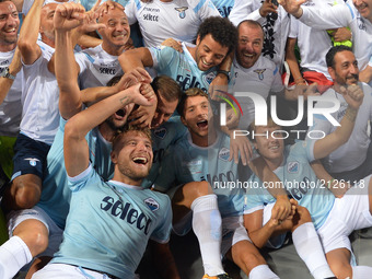 Lazio team celebrating after the victory after winning the Italian SuperCup TIM football match Juventus vs Lazio on August 13, 2017 at the O...