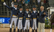 The Swedish dressage team arrives at the price giving ceremony for the team dressage compe...