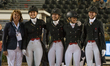 The Danish dressage team arrives at the price giving ceremony for the team dressage compet...