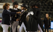 The Danish dressage team arrives at the price giving ceremony for the team dressage compet...