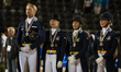 The Swedish dressage team arrives at the price giving ceremony for the team dressage compe...