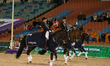 The German dressage team arrives at the price giving ceremony for the team dressage compet...
