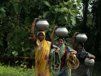 Village living women hold drinking waters atop their head as they return back home after collecting it from a nearby well outskirt of the ea...