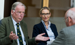 The top candidate of the AfD Alexander Gauland talks to Afd politicians before the press c...