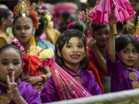 Malaysian kids wearing traditional costumes during the Japanese annual 'Bon Odori' festival celebrations in Kuala Lumpur, Malaysia on Septem...