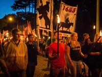 Around 150 members of the far right identitarian movement held a remembrance demonstration at Kahlenberg Vienna, Austria including a torch m...