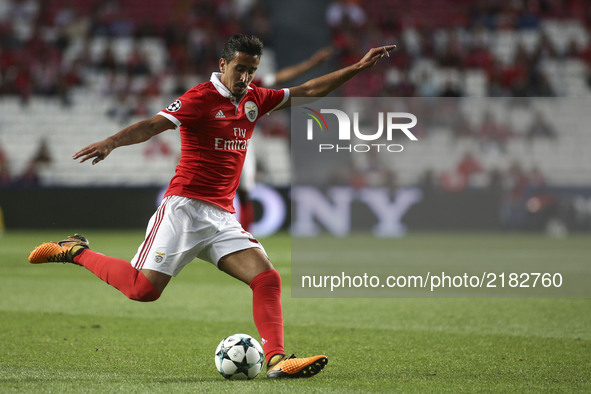 Benfica's defender Andre Almeida shoots the ball during the Champions League  football match between SL Benfica and CSKA Moskva at Luz  Stad...