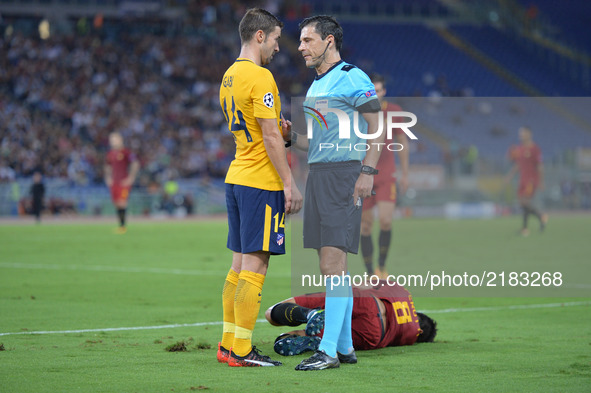 The referee Milorad Mazic  and Gabi during the UEFA Champions League group C football match AS Roma vs Atletico Madrid FC at the Olympic Sta...