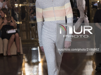 A model takes to the catwalk with a creation for Spring-Autunm 2018 Collection of Palomo Spain label during the first day of the Madrid Fash...