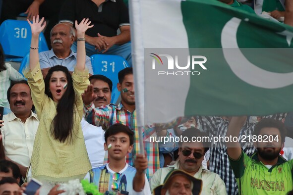 Pakistani spectators cheering the players as they watching the final match of independence cup 2017, Twenty20 international match played bet...