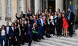 The french delegation poses before the ceremony to celebrate the Olympic Games 2024 in Par...