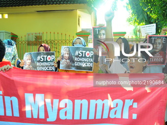 Indonesian Muslim Students  Solidarity for Rohingyas Protest at Myanmar embassy, Jakarta on September 16, 2017. In its action they asked the...