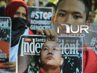 Indonesian Muslim Students  Solidarity for Rohingyas Protest at Myanmar embassy, Jakarta on September 16, 2017. In its action they asked the...