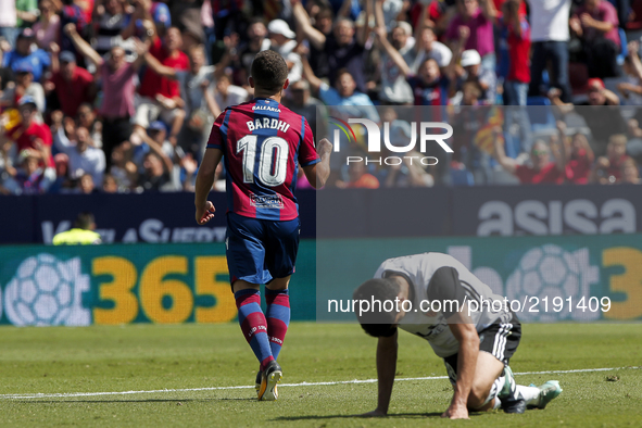 10 Enis Bardhi of Levante Ud (L) celebrate after scoring the 1-1 goal   during spanish La Liga Santander match between Levante UD and Valenc...