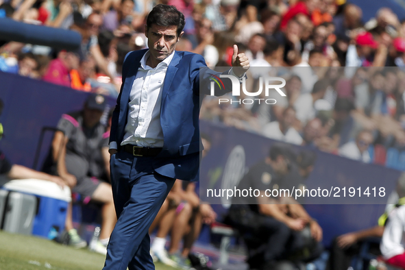 Head coach of Valencia CF Marcelino Garcia Toral reacts during spanish La Liga Santander match between Levante UD and Valencia CF  at Ciutat...