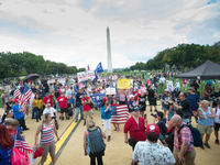 Demonstrators hold signs and wave American flags during a pro-Trump 'Mother of all Rallies' (MOAR) event on the National Mall in Washington,...