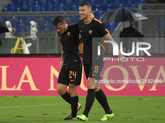 Edin Dzeko celebrates after scoring goal 2-0 with Alessandro Florenzi during the Italian Serie A football match between A.S. Roma and F.C. H...