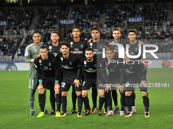 Real Madrid´s teammate pose for the media before the Spanish league football match between Real Sociedad and Real Madrid at the Anoeta Stadi...