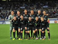 Real Madrid´s teammate pose for the media before the Spanish league football match between Real Sociedad and Real Madrid at the Anoeta Stadi...