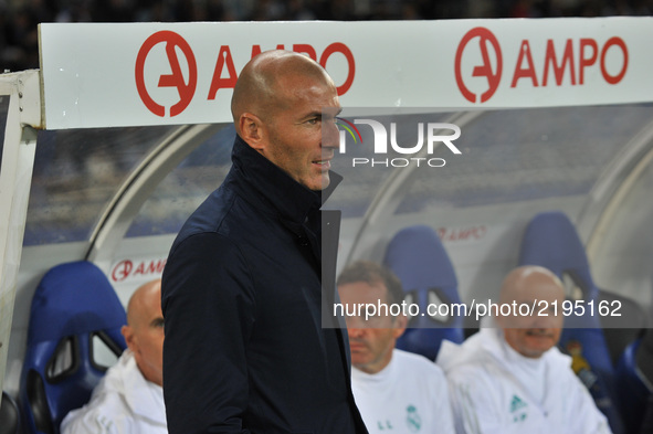 Zinedine Zidane, head coach of Real Madrid,  during the Spanish league football match between Real Sociedad and Real Madrid at the Anoeta St...