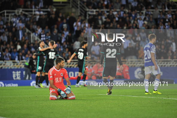 Geronimo Rulli of Real Sociedad reacts after scoring Asensio of Real Madrid  during the Spanish league football match between Real Sociedad...