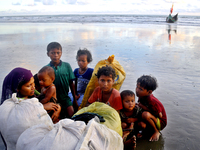 Rohingyas wait for boats at Shah Porir Dwip to go to the mainland in Cox's Bazar's Teknaf, Bangladesh on 15 September 2017. Around 370,000 R...