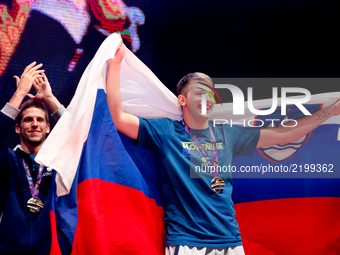  Luka Doncic celebrate in Ljubljana after Slovenian basketball team historical win in European Championship in Istanbul on September 18, 201...
