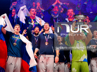 Goran Dragic  and Luka Doncic celebrate in Ljubljana after Slovenian basketball team historical win in European Championship in Istanbul on...