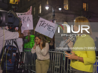 Brazilian ex-pats and supporters met in midtown Manhattan to protest Michel Temer's appearance in NYC for the UN General Assembly on Septemb...
