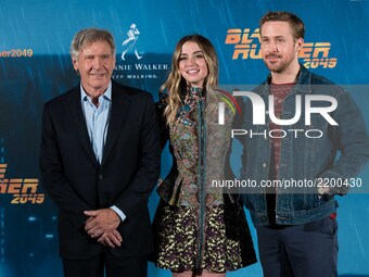 Harrison Ford, Ana de Armas and Ryan Gosling atend the 'Blade Runner 2049' movie photocall at 'Villamagna Hotel' in Madrid on September 19,...