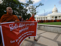 Monks from Myanmar  residing in Sri Lanka march during a peaceful demonstration to show solidarity with Buddhist community in Myanmar at Col...