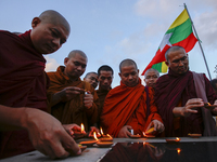 Monks from Myanmar  residing in Sri Lanka during a  peaceful demonstration to show solidarity with Buddhist community in Myanmar at Colombo,...