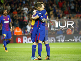 Leo Messi and Denis Suarez celebration during La Liga match between FC Barcelona v SC Eibar , in Barcelona, on September 19, 2017.  (