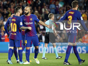 Javier Mascherano and Leo Messi celebration during La Liga match between FC Barcelona v SC Eibar , in Barcelona, on September 19, 2017.  (