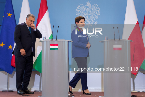 Prime Minister of Hungary Viktor Orban and Prime Minister of Poland Beata Szydlo during the press conference after their meeting at Chancell...