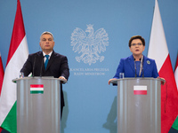 Prime Minister of Hungary Viktor Orban and Prime Minister of Poland Beata Szydlo during the press conference after their meeting at Chancell...