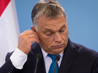 Prime Minister of Hungary Viktor Orban during the press conference after meeting with Prime Minister of Poland Beata Szydlo at Chancellery o...