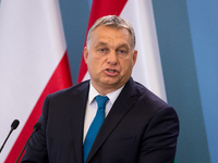 Prime Minister of Hungary Viktor Orban during the press conference after meeting with Prime Minister of Poland Beata Szydlo at Chancellery o...