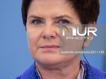 Prime Minister of Poland Beata Szydlo during the press conference after meeting with Prime Minister of Hungary Viktor Orban at Chancellery o...