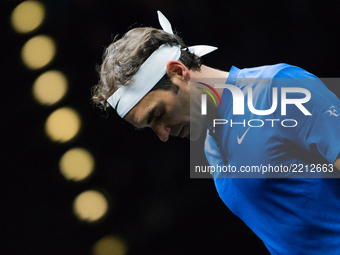 Team Europe player Roger Federer of Switzerland during the second day at Laver Cup on Sept 23, 2017 in Prague, Czech Republic.  The Laver Cu...
