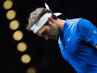 Team Europe player Roger Federer of Switzerland during the second day at Laver Cup on Sept 23, 2017 in Prague, Czech Republic.  The Laver Cu...
