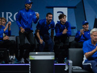 Team Europe players box during the second day at Laver Cup on Sept 23, 2017 in Prague, Czech Republic.  The Laver Cup consists of six Europe...