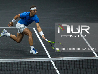 Team Europe player Rafael Nadal of Spain returns the ball to Team World player Jack Sock of United States during the second day at Laver Cup...