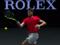 Team World player Jack Sock of United States returns the ball to Team Europe player Rafael Nadal of Spain during the first day at Laver Cup...