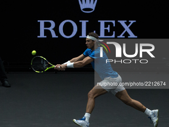 Team Europe player Rafael Nadal of Spain returns the ball to Team World player Jack Sock of United States during the second day at Laver Cup...